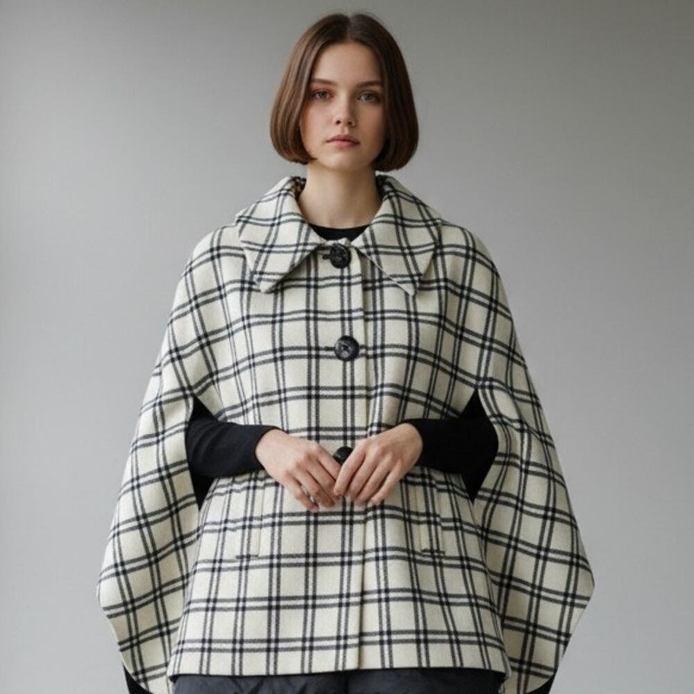 M Pink Tartan Windowpane Plaid Cape Coat Wool Poncho Jacket Women's Outerwear